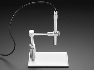 Angled shot of a Aluminum USB Microscope with Precision Stand.