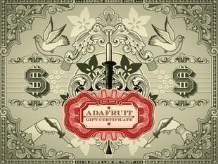 Stylized graphic with US dollar signs and "Adafruit Gift Certificate" in filigree font.
