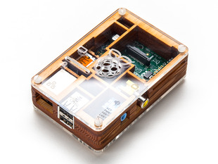 Angled shot of assembled Timber Pibow enclosure with Pi computer.