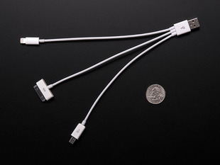 USB 3-Way Charging Cable - With Type A, iPhone 5/iPhone/iPad and Micro USB ends