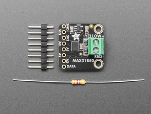Overhead shot of black, square-shaped amplifier breakout with an 8-pin header and resistor.