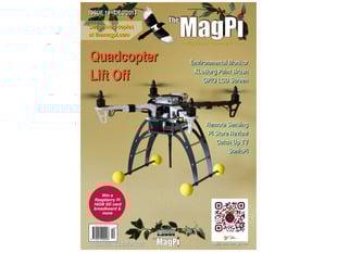 Front cover of The MagPi - Issue 19, Dec 2013, a magazine for raspberry pi users. Environmental monitor, XloBorg paint brush, GPIO LCD screen, Remote Sensing, Pi Store Review, Catch up TV, SonicPi. Quadcopter lift off. Portrait of an unmanned aerial vehicle.