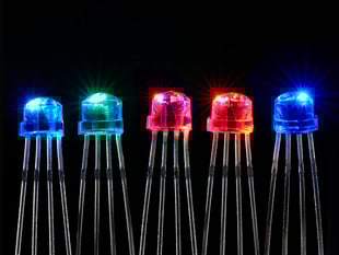 Five NeoPixel 5mm Through-Hole LEDs glowing rainbow