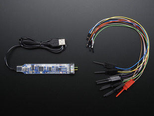 Top down view of a BitScope Micro USB next to ten mixed signal mini-grabber test probes.