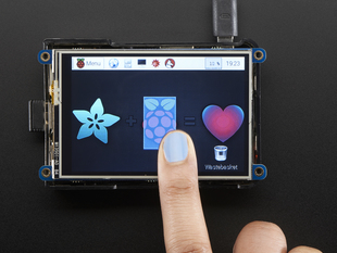 Blue polished finger touching the PiTFT Plus 480x320 3.5" TFT+Touchscreen for Raspberry Pi. 