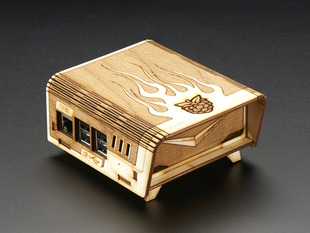 Angled shot of assembled laser-cut birch C4Labs Bel-Aire Case Enclosure for Raspberry Pi 2 & Model B+.
