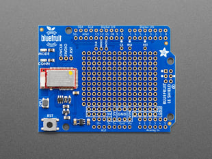 Overhead shot of blue, rectangular Bluetooth PCB shield.