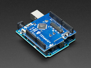 Angled shot of a 1Sheeld+ for iOS and Android connected to an Arduino. 