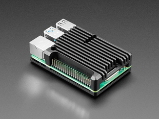 Angled shot of a Aluminum Metal Heatsink Raspberry Pi 4 Case on a Raspberry Pi