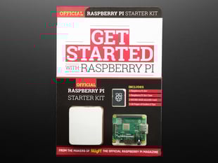Front cover of get started with raspberry pi official raspberry pi starter kit. Book bundle includes a Raspberry Pi 3 A+ computer, white enclosure, and SD card.