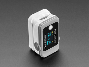 Grey and white finger clip pulse oximeter displaying pulse and blood oxygen information
