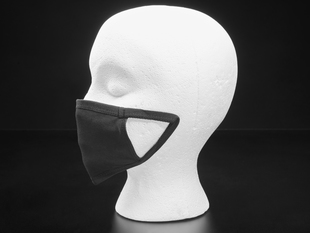 Black cloth face mask shown on a mannequin