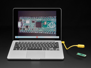 Laptop with kano cam plugged in, pointed at Pi Pico board. Pico is displayed on laptop screen