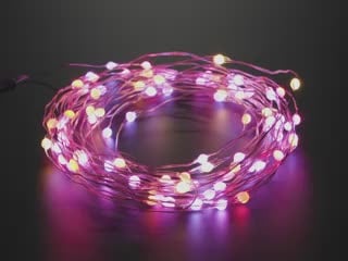 Angled shot of a Fixed Address NeoPixel LED Fairy Lights - 100 Wired LEDs changing various colors. 