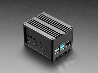 Angled shot of assembled black metal enclosure for Raspberry Pi 4.