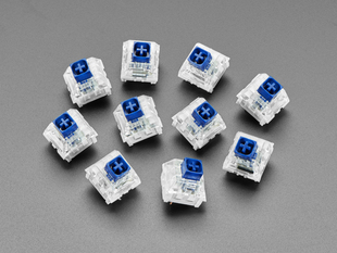 Angled shot of ten navy Kailh key switches.