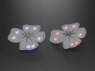 Video of two brooch PCBs glowing rainbow colors.