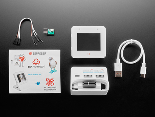 Overhead shot of electronics kit for white, square-shaped IoT display device.