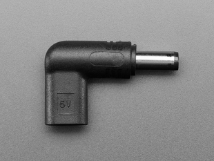 Overhead shot of barrel-jack-to-USB-C-socket right angle adapter, showing 5V.