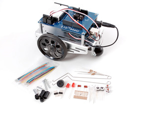 Metal-body robot with collection of loose components.