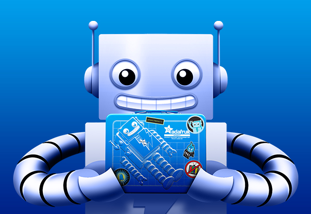 White text against blue background that says "Accessories Gift Guide" in capital letters. To the right of the text, Adabot is holding a lunchbox with a picture of himself on it. There are also some adafruit stickers on the lunchbox, including a sticker of blue led, a sticker of Adabot, and a tv-b-gone sticker.