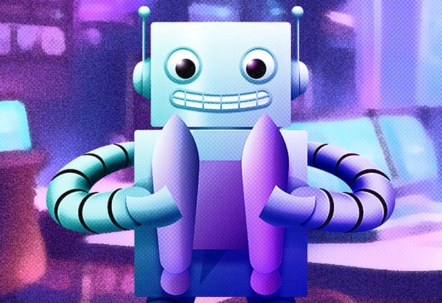 Adabot is a smiling blue robot with a rocket backpack in it's hands. To the left, a cream banner with red text says Back to School Kits.