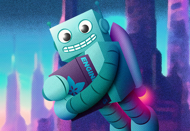 Back to School: Young Engineer - Helping you Understand Electronics. Popular Science inspired image depicting AdaBot taking off with a rocket pack. The light blue robot is clutching a black Adafruit box as he soars across a turquoise and purple sci-fi skyline.