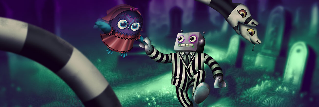 Minerva and Adabot, dressed like Lydia and Beetlejuice respectively, stroll hand-in-hand in a spooky green and purple graveyard.