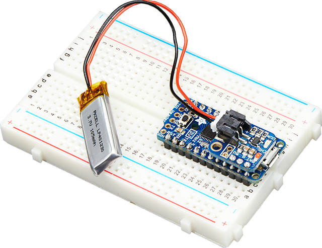 LiPoly battery plugged into a Backpack Add-On for tthe Adafruit Pro Trinket
