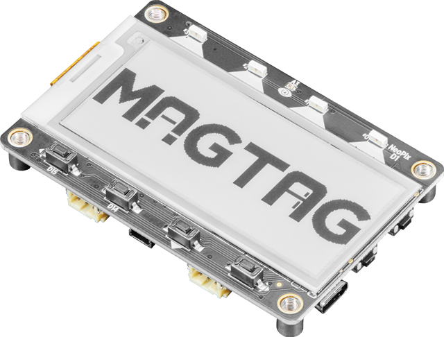 Top view of the Adafruit MagTag development board with an e-ink display
